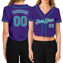Load image into Gallery viewer, Custom Women's Purple Aqua-White V-Neck Cropped Baseball Jersey