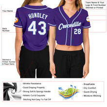 Load image into Gallery viewer, Custom Women's Purple White-Light Blue V-Neck Cropped Baseball Jersey