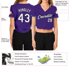 Load image into Gallery viewer, Custom Women's Purple White-Black V-Neck Cropped Baseball Jersey