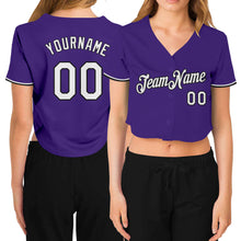Load image into Gallery viewer, Custom Women's Purple White-Black V-Neck Cropped Baseball Jersey