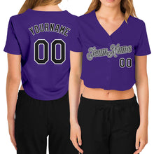 Load image into Gallery viewer, Custom Women's Purple Black White-Gray V-Neck Cropped Baseball Jersey
