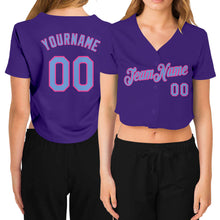 Load image into Gallery viewer, Custom Women's Purple Light Blue-Pink V-Neck Cropped Baseball Jersey