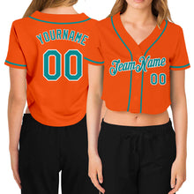 Load image into Gallery viewer, Custom Women's Orange Aqua-White V-Neck Cropped Baseball Jersey