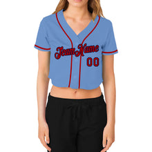 Load image into Gallery viewer, Custom Women's Light Blue Red-Navy V-Neck Cropped Baseball Jersey