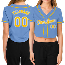Load image into Gallery viewer, Custom Women's Light Blue Gold-White V-Neck Cropped Baseball Jersey