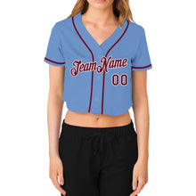 Load image into Gallery viewer, Custom Women's Light Blue Crimson-White V-Neck Cropped Baseball Jersey