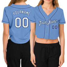 Load image into Gallery viewer, Custom Women's Light Blue White-Royal V-Neck Cropped Baseball Jersey