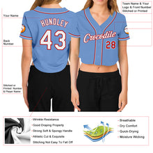 Load image into Gallery viewer, Custom Women's Light Blue White-Red V-Neck Cropped Baseball Jersey