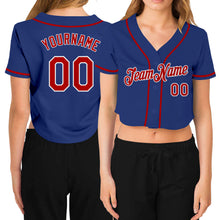 Load image into Gallery viewer, Custom Women's Royal Red-White V-Neck Cropped Baseball Jersey