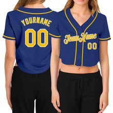 Load image into Gallery viewer, Custom Women's Royal Gold-White V-Neck Cropped Baseball Jersey