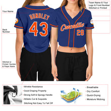 Load image into Gallery viewer, Custom Women's Royal Orange-White V-Neck Cropped Baseball Jersey