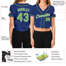 Load image into Gallery viewer, Custom Women's Royal Neon Green-White V-Neck Cropped Baseball Jersey