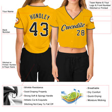Load image into Gallery viewer, Custom Women's Gold Black-White V-Neck Cropped Baseball Jersey