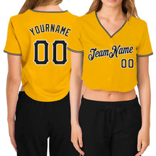 Load image into Gallery viewer, Custom Women's Gold Black-White V-Neck Cropped Baseball Jersey
