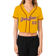 Load image into Gallery viewer, Custom Women's Gold Crimson-White V-Neck Cropped Baseball Jersey