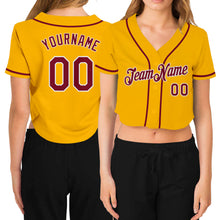 Load image into Gallery viewer, Custom Women's Gold Crimson-White V-Neck Cropped Baseball Jersey