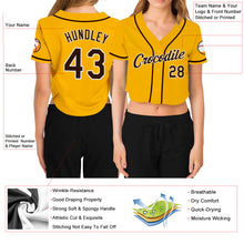 Load image into Gallery viewer, Custom Women's Gold Brown-White V-Neck Cropped Baseball Jersey