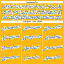 Load image into Gallery viewer, Custom Women's Gold Light Blue-White V-Neck Cropped Baseball Jersey