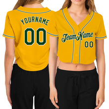 Load image into Gallery viewer, Custom Women's Gold Green-White V-Neck Cropped Baseball Jersey