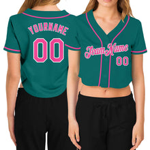 Load image into Gallery viewer, Custom Women's Aqua Pink-White V-Neck Cropped Baseball Jersey