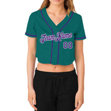 Load image into Gallery viewer, Custom Women's Aqua Purple-White V-Neck Cropped Baseball Jersey