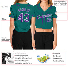 Load image into Gallery viewer, Custom Women's Aqua Purple-White V-Neck Cropped Baseball Jersey