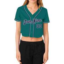 Load image into Gallery viewer, Custom Women's Aqua Navy-White V-Neck Cropped Baseball Jersey