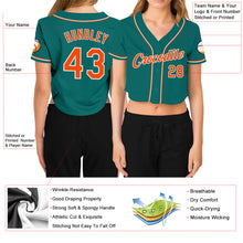 Load image into Gallery viewer, Custom Women's Aqua Orange-White V-Neck Cropped Baseball Jersey