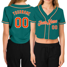Load image into Gallery viewer, Custom Women's Aqua Orange-White V-Neck Cropped Baseball Jersey