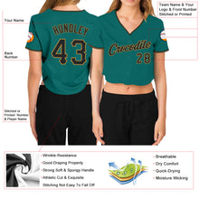 Load image into Gallery viewer, Custom Women's Aqua Black-Old Gold V-Neck Cropped Baseball Jersey