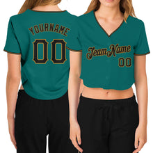 Load image into Gallery viewer, Custom Women's Aqua Black-Old Gold V-Neck Cropped Baseball Jersey
