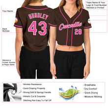 Load image into Gallery viewer, Custom Women's Brown Pink-White V-Neck Cropped Baseball Jersey