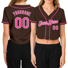 Load image into Gallery viewer, Custom Women's Brown Pink-White V-Neck Cropped Baseball Jersey