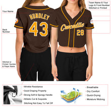 Load image into Gallery viewer, Custom Women's Brown Gold-White V-Neck Cropped Baseball Jersey