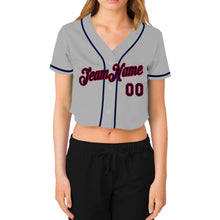 Load image into Gallery viewer, Custom Women's Gray Navy-Red V-Neck Cropped Baseball Jersey