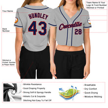 Load image into Gallery viewer, Custom Women's Gray Navy-Red V-Neck Cropped Baseball Jersey