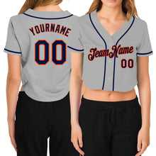 Load image into Gallery viewer, Custom Women's Gray Navy-Orange V-Neck Cropped Baseball Jersey