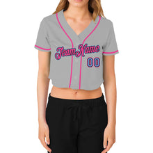 Load image into Gallery viewer, Custom Women's Gray Light Blue Black-Pink V-Neck Cropped Baseball Jersey