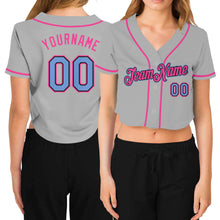 Load image into Gallery viewer, Custom Women's Gray Light Blue Black-Pink V-Neck Cropped Baseball Jersey