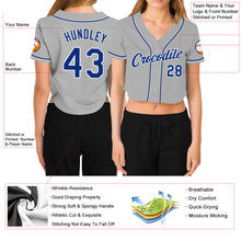 Load image into Gallery viewer, Custom Women's Gray Royal-White V-Neck Cropped Baseball Jersey