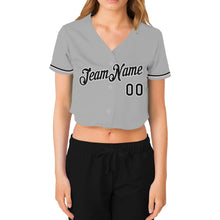 Load image into Gallery viewer, Custom Women's Gray Black-White V-Neck Cropped Baseball Jersey