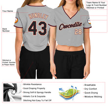 Load image into Gallery viewer, Custom Women's Gray Black Crimson-Cream V-Neck Cropped Baseball Jersey