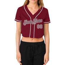 Load image into Gallery viewer, Custom Women's Crimson Gray-White V-Neck Cropped Baseball Jersey