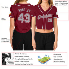 Load image into Gallery viewer, Custom Women's Crimson Gray-White V-Neck Cropped Baseball Jersey