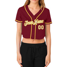 Load image into Gallery viewer, Custom Women's Crimson White-Gold V-Neck Cropped Baseball Jersey