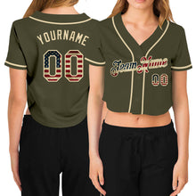 Load image into Gallery viewer, Custom Women's Olive Vintage USA Flag-Cream Salute To Service V-Neck Cropped Baseball Jersey