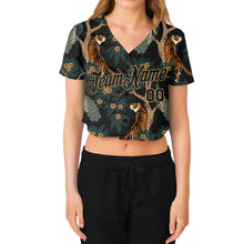 Load image into Gallery viewer, Custom Women's Black Black-Old Gold Tiger And Peacock 3D V-Neck Cropped Baseball Jersey
