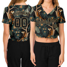 Load image into Gallery viewer, Custom Women's Black Black-Old Gold Tiger And Peacock 3D V-Neck Cropped Baseball Jersey