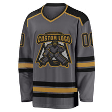 Load image into Gallery viewer, Custom Steel Gray Black-Old Gold Hockey Jersey