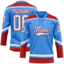 Load image into Gallery viewer, Custom Powder Blue White-Red Hockey Lace Neck Jersey